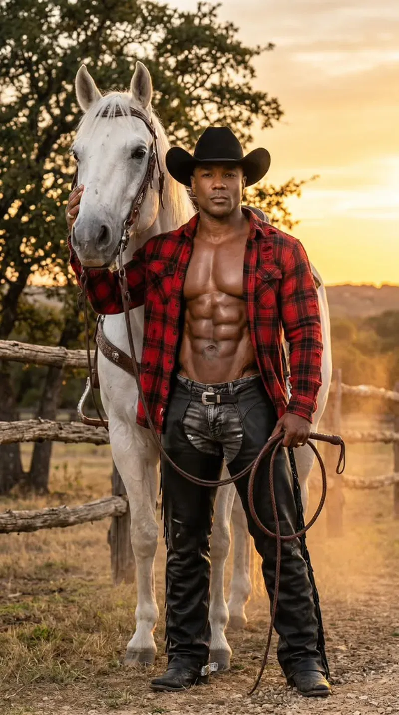 Texas Shyboy in a cowboy hat beside his horse at sundown